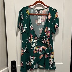 Torrid Green Floral Wrap Blouse with Flutter Sleeves